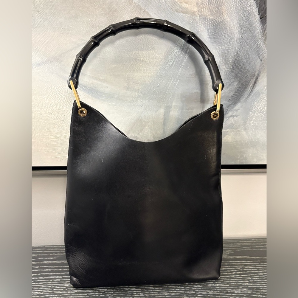 Vintage Gucci Leather Hobo Bag with Bamboo handle and matching mini pouch